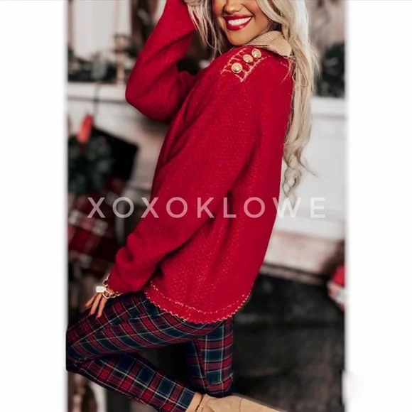 Red Sweater, Button-Front, Statement, Gold Buttons & Sparkly Gold Trim, NWT, M - Picture 5 of 8